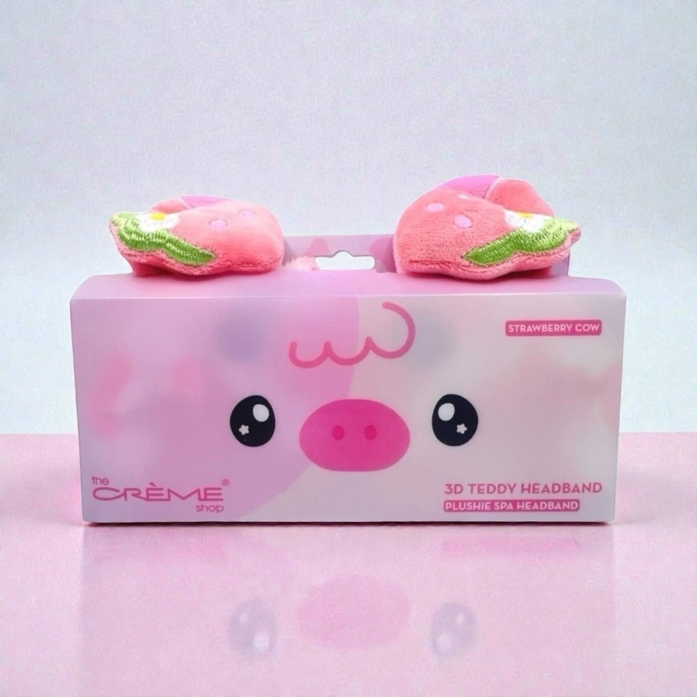 The Crème Shop 3D Teddy Headband Plushie Spa Headband Pink Strawberry Cow